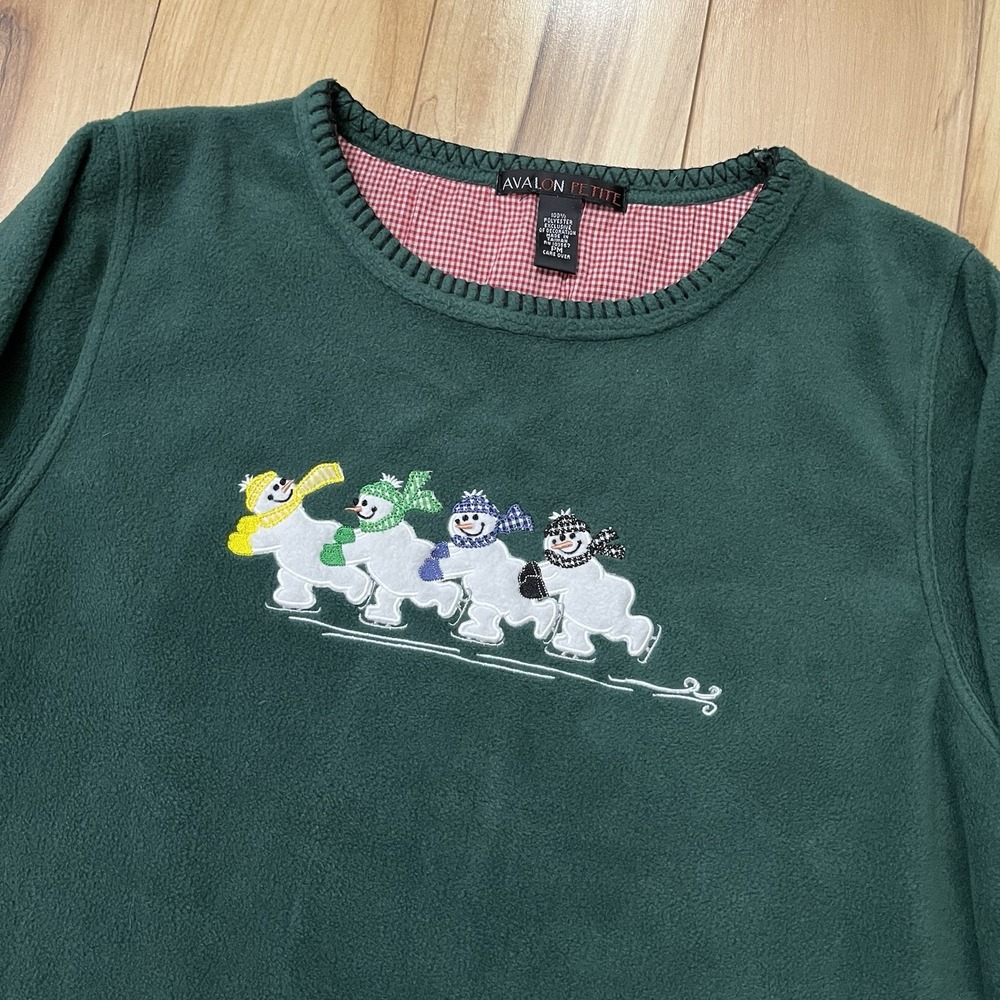 Vintage Avalon Petite Women's Sz MP Green Fleece Sweater Snowman Winter Holiday